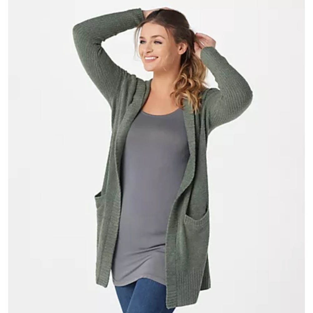 Barefoot‎ Dreams CozyChic Lite Hooded Cardigan Grey Green Open Pocket Med Ribbed
